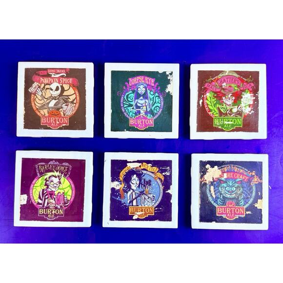 Coaster Set Burton Ale Nightmare Before Xmas Characters 6 Handmade Ceramic Tiles - Picture 1 of 10